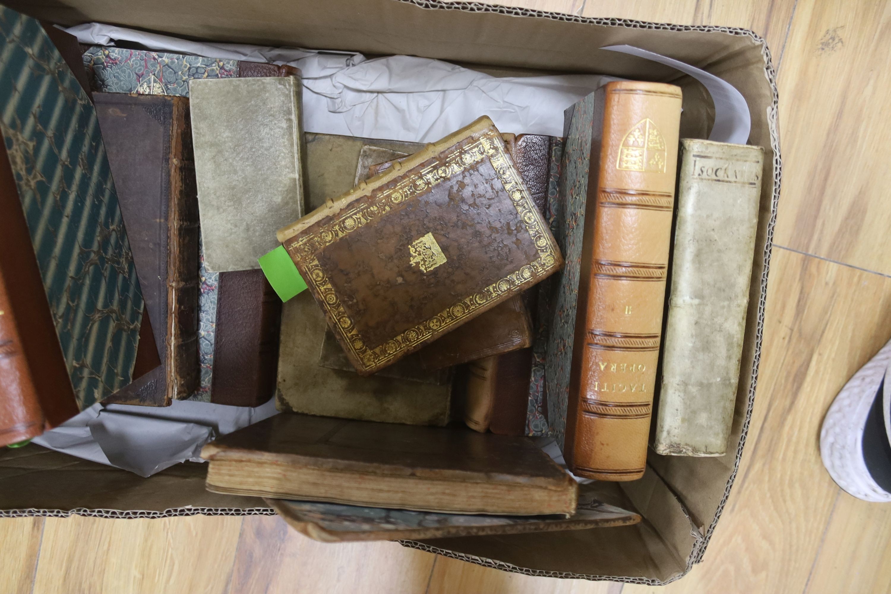 Antiquarian Books - 17th century Classics Editions, various bindings (mostly leather), incl. Socrates (Gk. title) Orationes et Epistolae ... old vellum, Geneva, 1642; Aristotle (Gk. title)